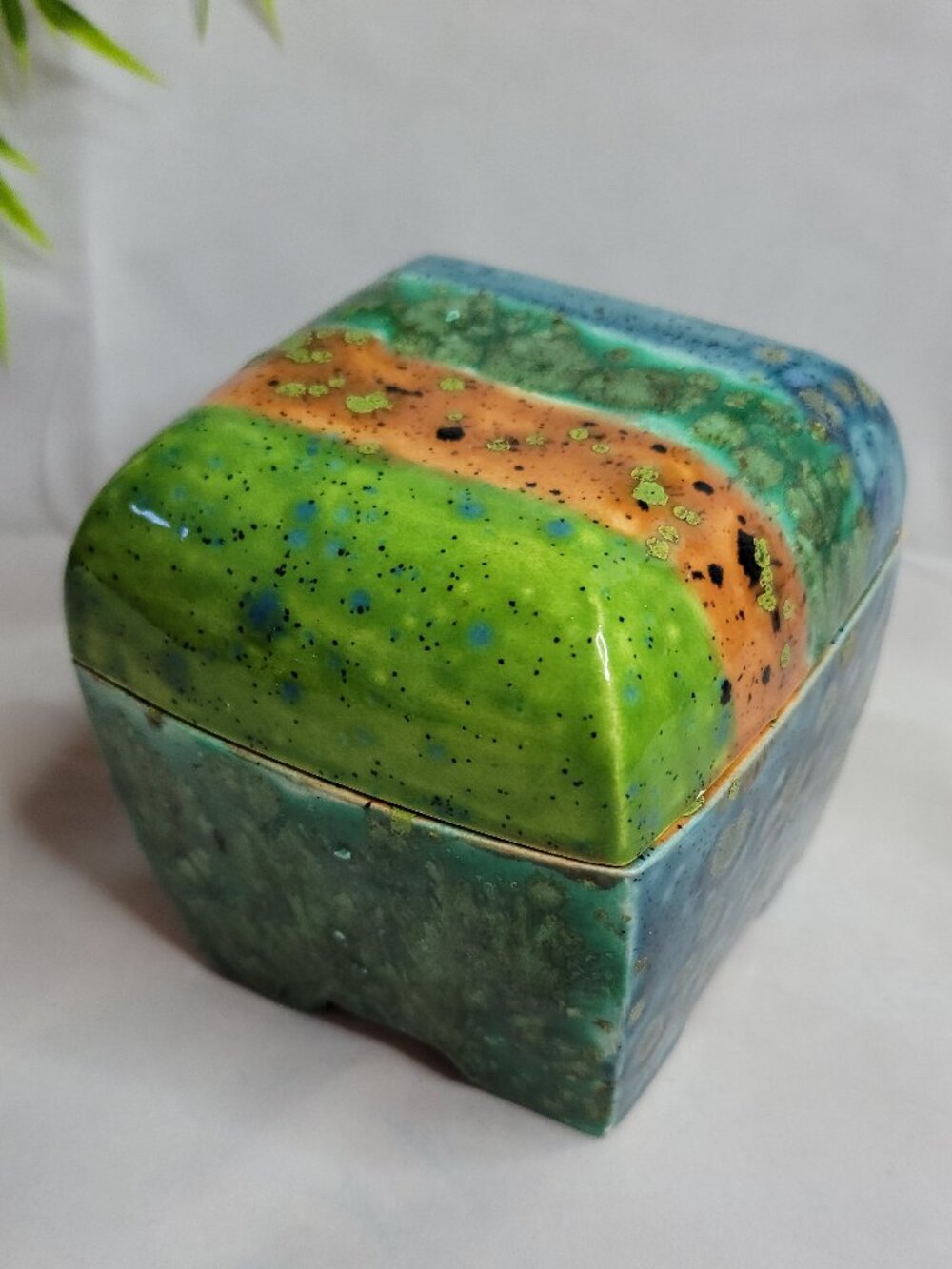 Handmade Blue Green Orange Teal Speckled Pottery Trinket Stash Box - Picture 4 of 10